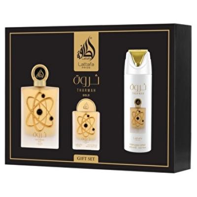 Lattafa Pride Tharwah Gold 4 Pcs Gift Set With Eau De Parfum & 20ml Eau De Parfum & 200ml Perfumed Spray 100ml